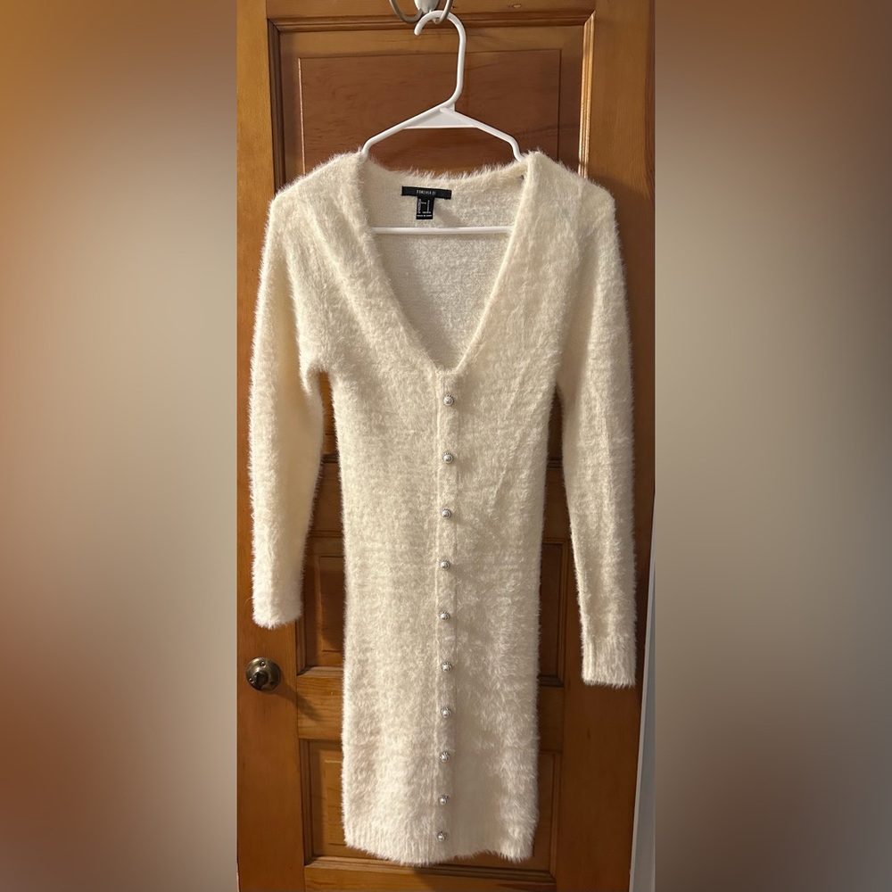 NWOT Forever 21 Cream Off White Fuzzy Mini Sweater Dress with Faux Pearl Buttons
